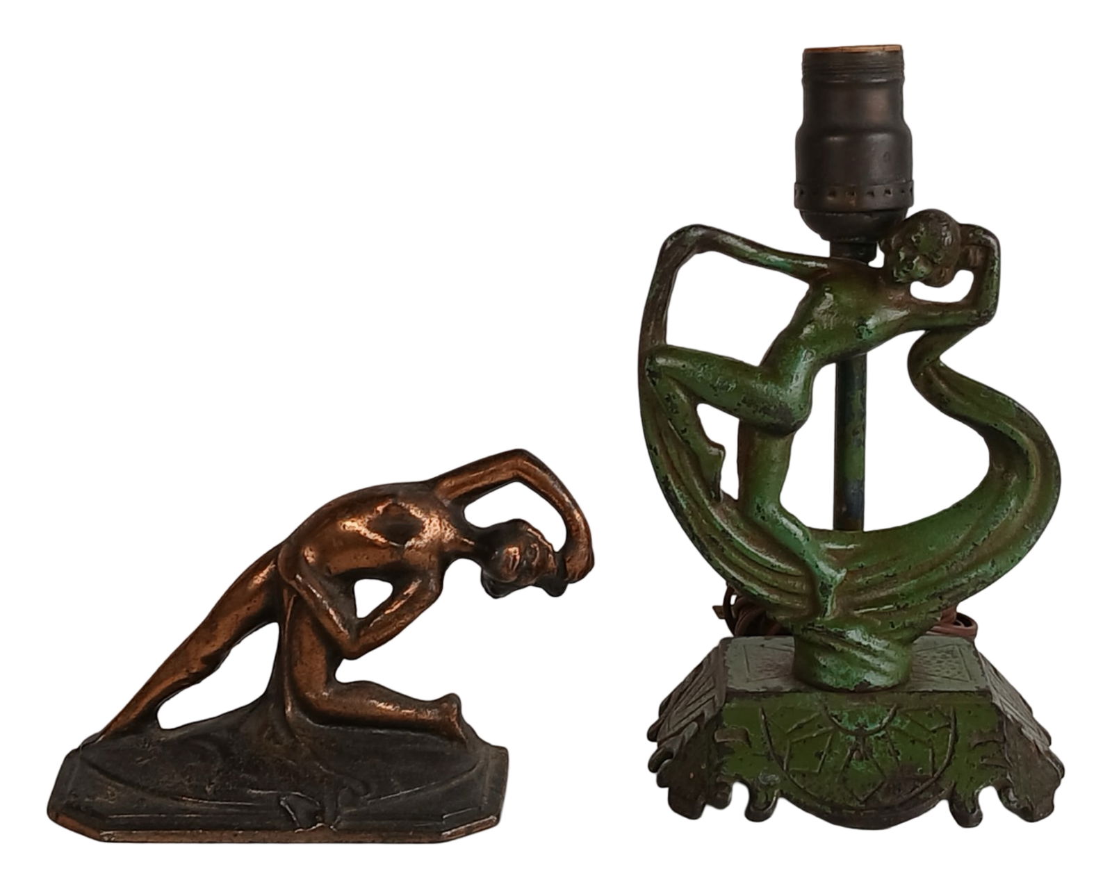 30s Frankart Art Deco Dancing Lady Lamp & Bookend: Pair of vintage Art Deco figural cast iron pieces. The 9 1/2" tall green-painted lamp is by Frankart design, featuring a stylized nude dancing lady with flowing lines and dramatic form, typical of the