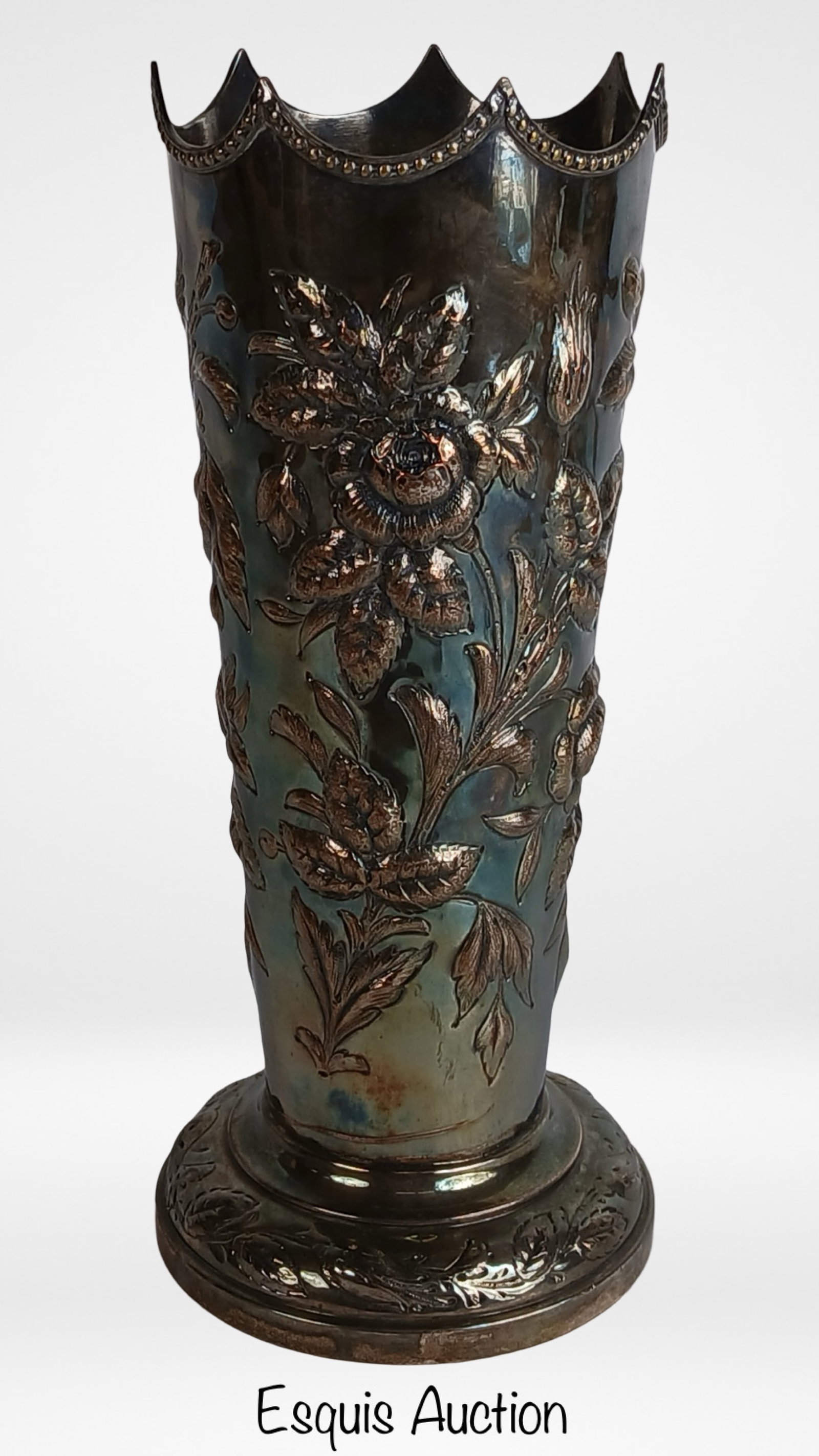 Antique Hand Chased Hallmarked Sheffield Vase: Elegant 19th century vase with finely hand chased floral decoration and scalloped rim. Marked with a set of Sheffield hallmarks near the top edge. The vase stands approximately 12 1/2 inches tall and 