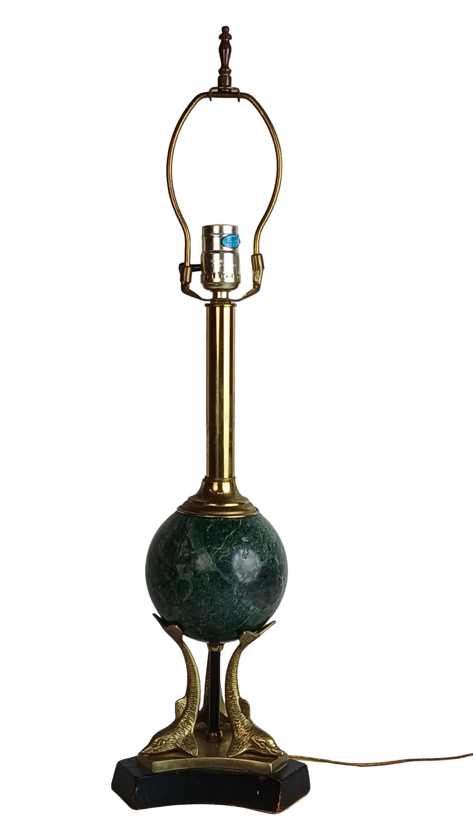 Neo-Classical Brass and Marble Dolphin Table Lamp (1 of 3)