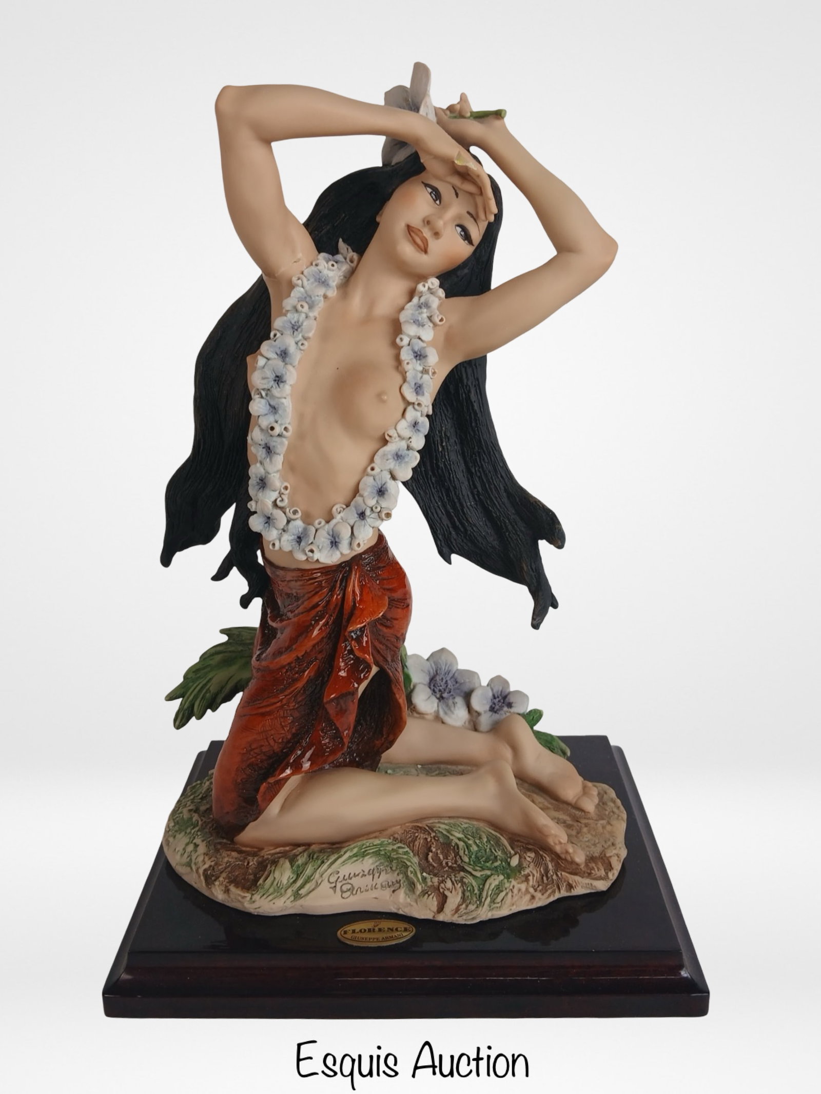 Giuseppe Armani "Sunrise" Nude Girl Figurine: Stunning Giuseppe Armani "Sunrise" figurine depicting a graceful nude island dancer adorned with a floral lei and sarong. Issued as sculpture no. 0628C and marked Florence 1997. Beautifully hand-paint