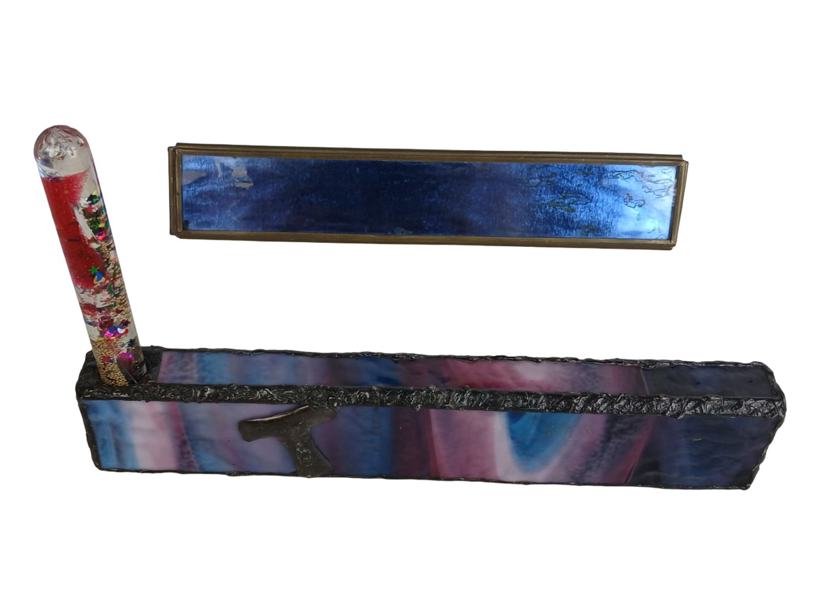 Studio Art Glass Kaleidoscope- "Glass Gallery": Striking pair of handmade studio art glass kaleidoscopes. The larger piece features a colorful stained glass body with textured soldered edges and an oil-filled glitter wand for dynamic visual effects