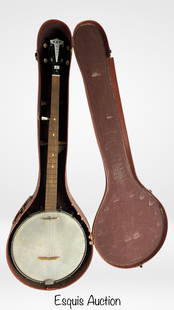 Vintage Kay 5-String Banjo with Case: A classic vintage 5-string banjo by Kay, featuring a resonator back, wood neck, and chrome-plated tension hoop with coordinating hooks and nuts. This instrument shows age-appropriate wear and patina