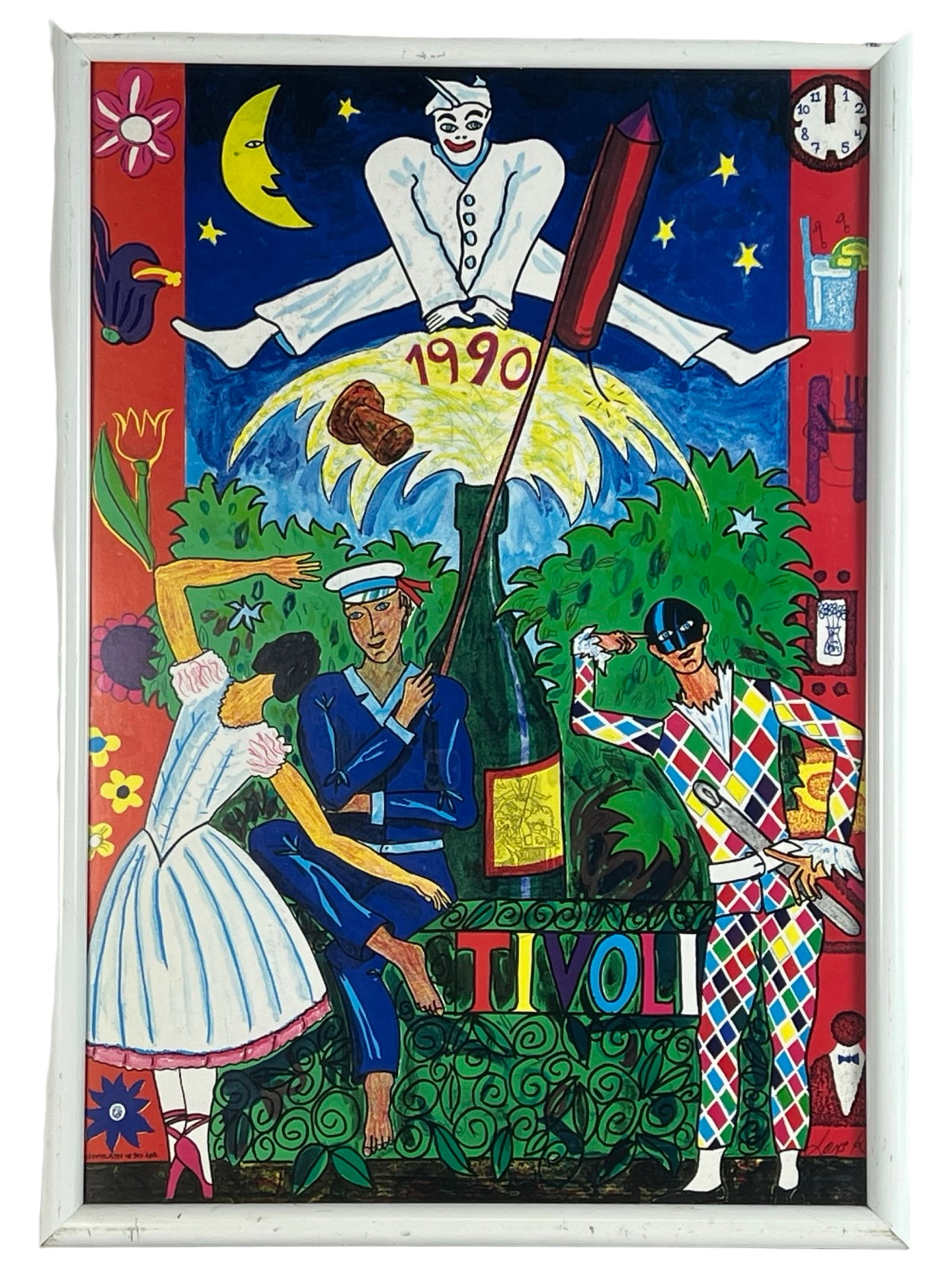 1990 Tivoli Gardens Poster by Lars Ravn: Whimsical and colorful original 1990 Tivoli Gardens poster by Danish artist Lars Ravn. Features a vibrant carnival scene with dancers, harlequins, and a firework-riding jester. Printed by Trykkeriet A
