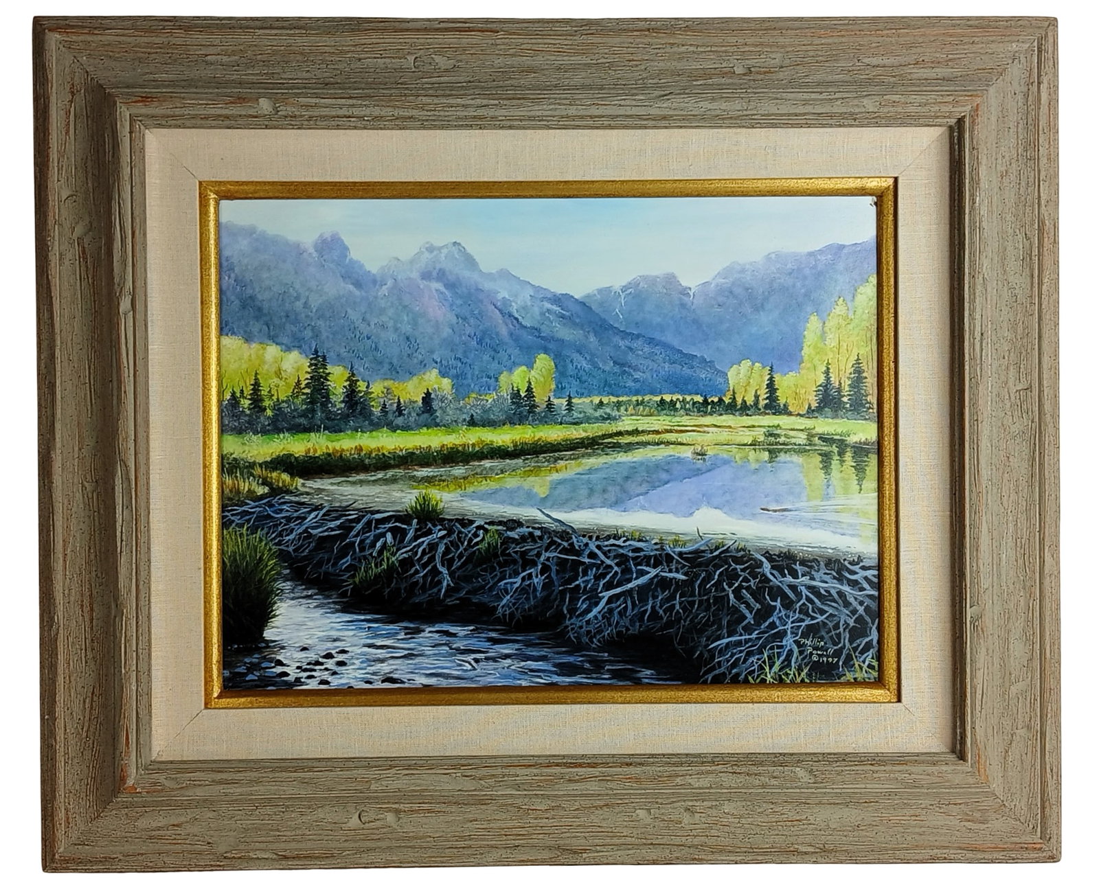 Phillip Powell - Mountain Landscape Oil Painting: Serene and luminous original oil painting on board by artist Phillip Powell, depicting a peaceful mountain vista with a stream in the foreground, vibrant autumn foliage, and snow-capped peaks in the d