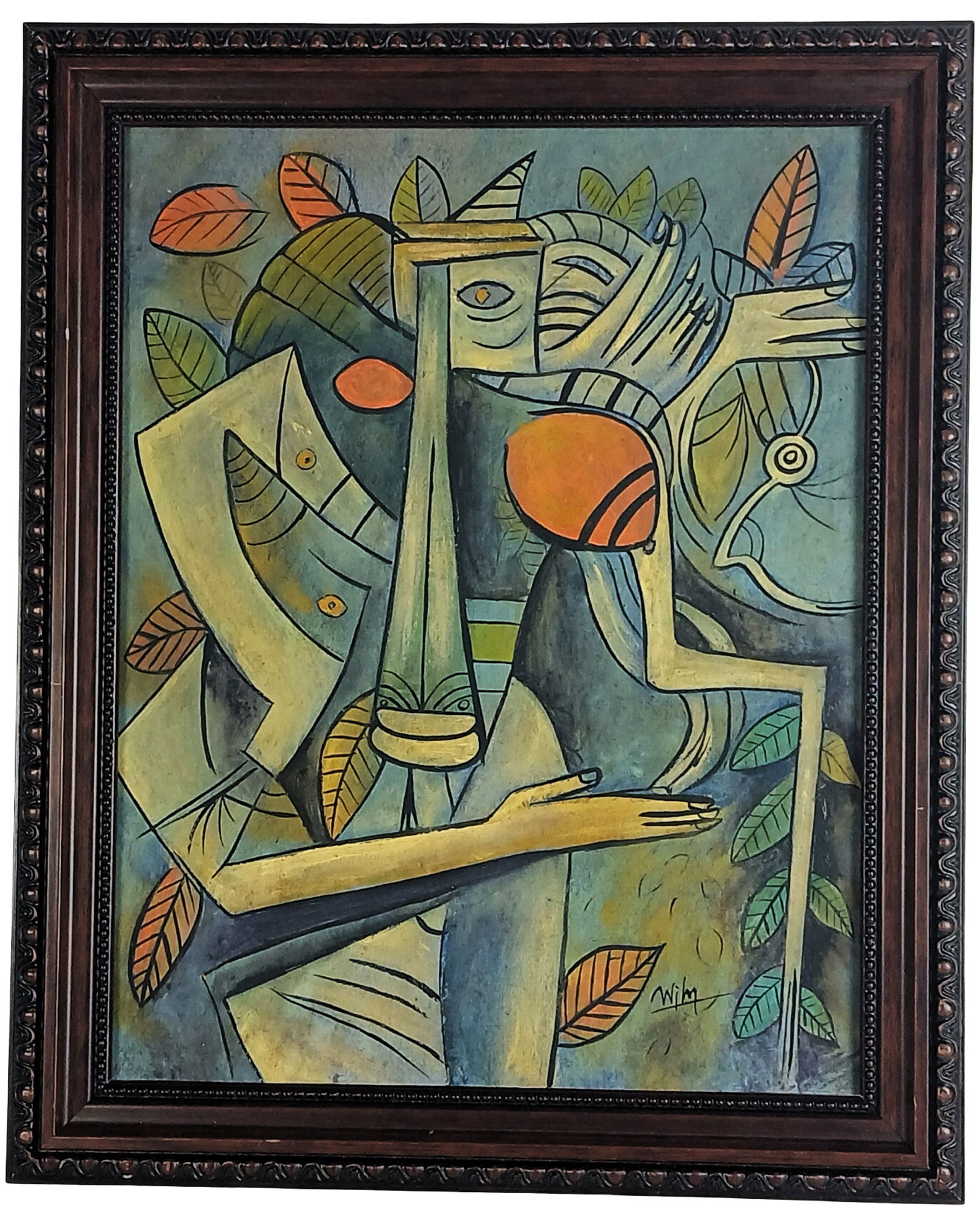 Wilfredo Lam (Attrib)- Cubist Composition Painting: A vivid and rhythmically composed cubist-style work attributed to Wilfredo Lam, featuring interwoven abstract figures, bold linear elements, and vibrant earth-toned foliage. The composition evokes a s