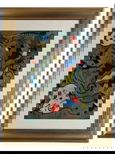 Joan Miro (manner) - Abstract Composition Painting: Dynamic and whimsical, this abstract composition is rendered in vivid colors and fluid forms characteristic of Surrealist expression. The artwork is painted on thick paper, signed "MirÃ³" in the low