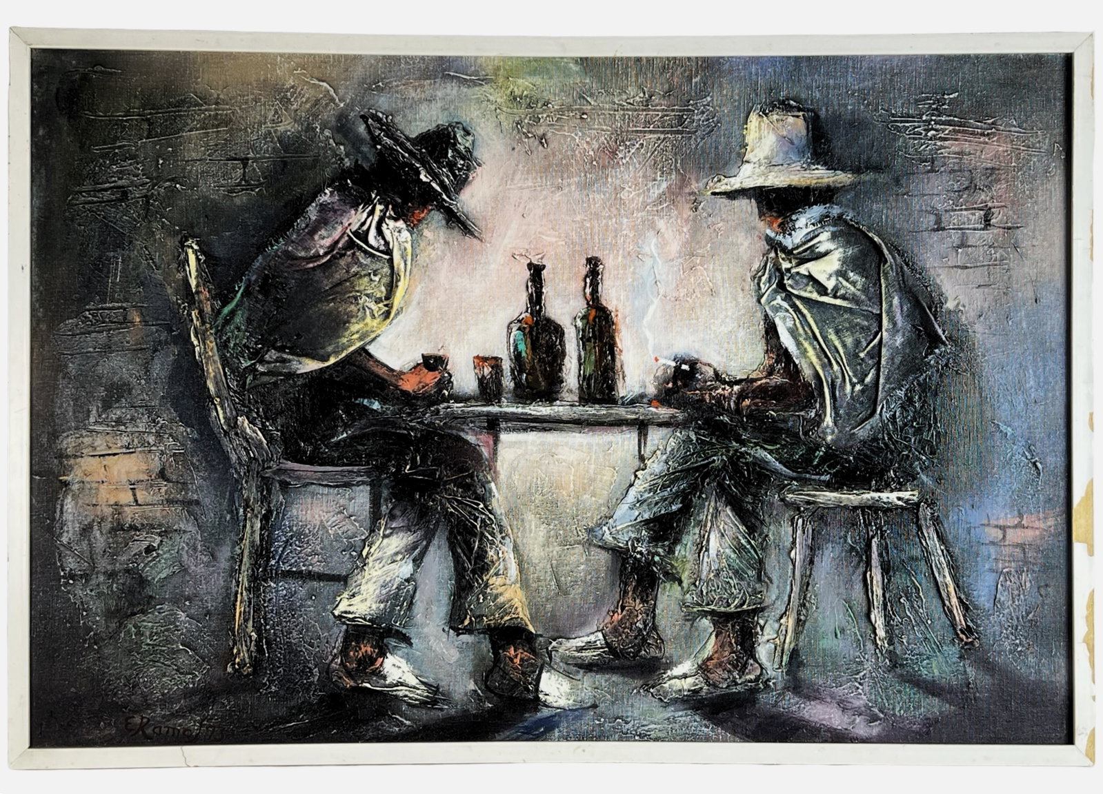 Evening Communion - Oil Painting by E. Ramos, 1973: Atmospheric and expressive, this original oil painting captures two figures in quiet conversation over wine. Executed in a bold impasto style, the work blends figural realism with moody abstraction, u