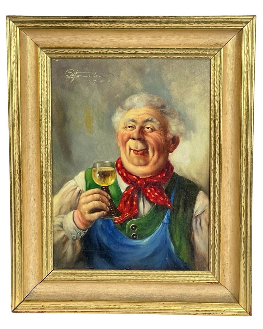 Rudolf Otto Franke- Wine Tasting Oil Painting: Delightful 1956 oil painting by Rudolf Otto Franke, depicting a joyful older man raising a glass of white wine with a gleeful expression. Richly colored and character-filled, the portrait captures the