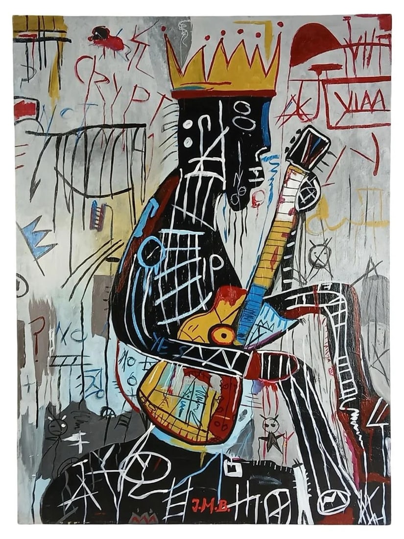 King SAMO- Painting in manner Jean-Michel Basquiat: Striking large-format acrylic painting on canvas titled King Samo, executed in the manner of Jean-Michel Basquiat. This vibrant piece features the artist's iconic crown motif, bold linework, cryptic t