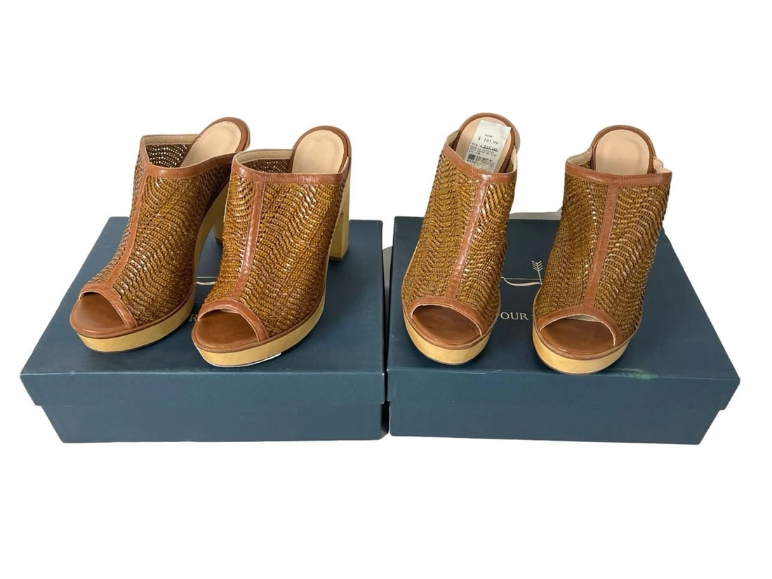 Pour La Victoire "Sanya" Raffia Platform Sandals: Stylish and sculptural, these Pour La Victoire "Sanya" high-heel sandals feature a woven raffia upper trimmed in nude leather, set atop bold architectural natural wood platforms. Designed for both imp