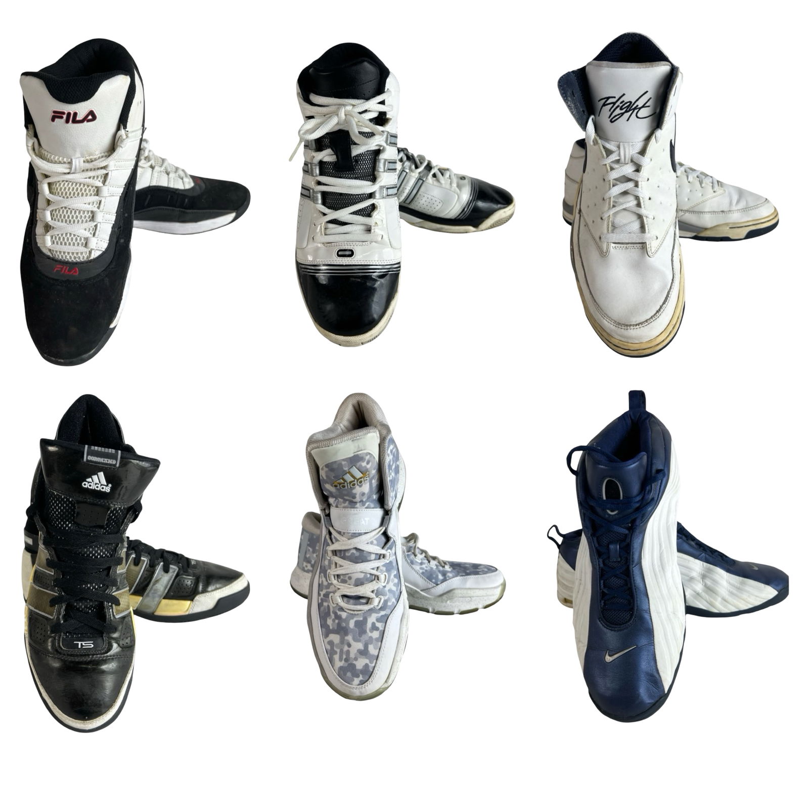 6 Pairs of Men's Athletic & Basketball Shoes: Mixed lot of men's sneakers and high-top athletic shoes featuring a variety of popular brands and styles. Includes FILA high-tops, Nike Flight, Oakley black and white sneakers, Adidas T-Mac, Adidas ca