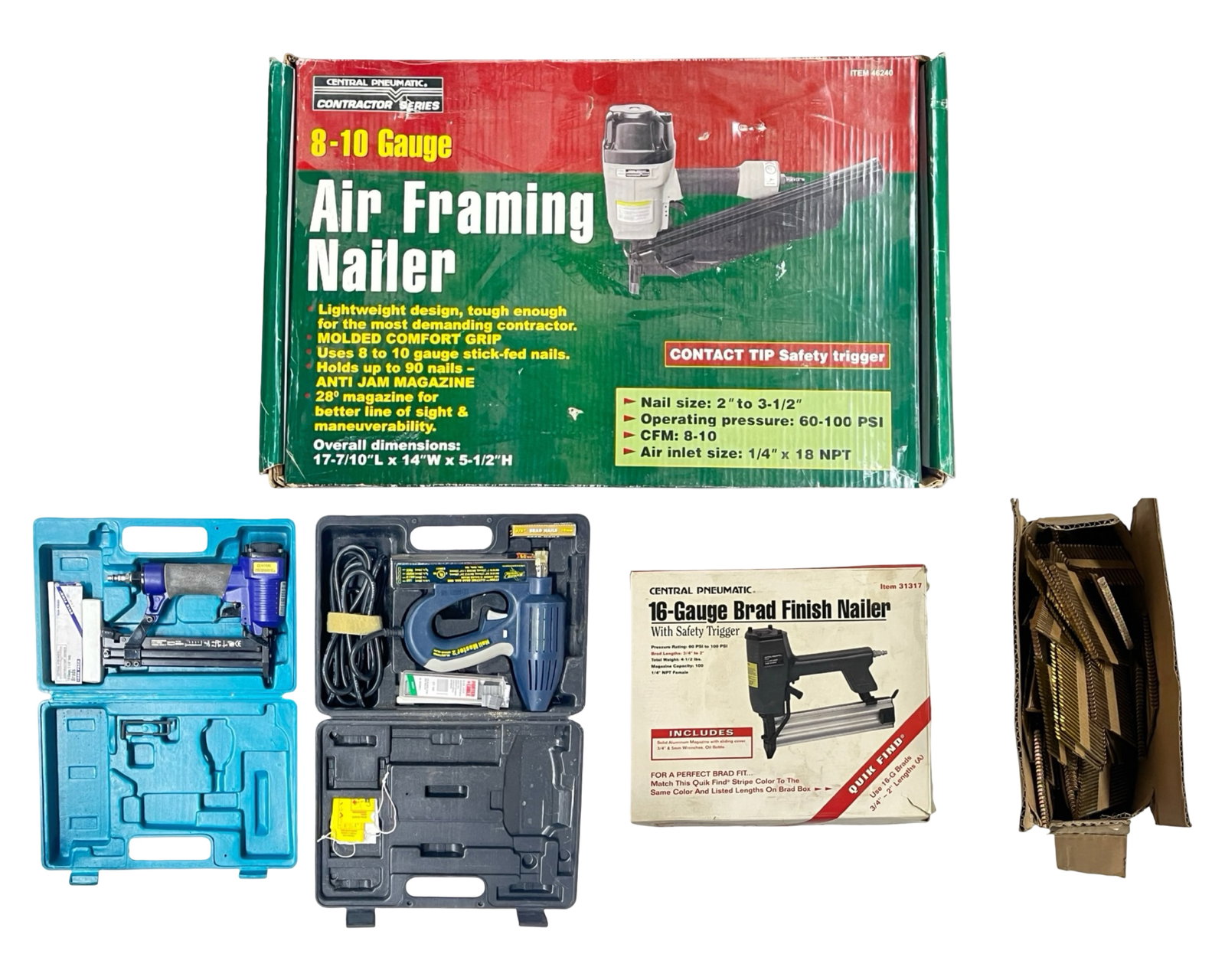 Air Nail Gun Lot - Framing, Brad, Electric Nailers: Extensive lot of air and electric nailers with accessories, ideal for carpentry and finishing work. Includes Central Pneumatic Contractor Series 8-10 Gauge Air Framing Nailer (in original box), Centra