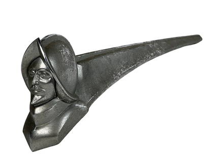 1950s DeSoto Conquistador Car Hood Ornament: Original 1950s DeSoto Conquistador hood ornament featuring the iconic stylized Spanish explorer bust with flowing lines and bold Art Deco influence. Crafted in cast metal, this striking piece measures