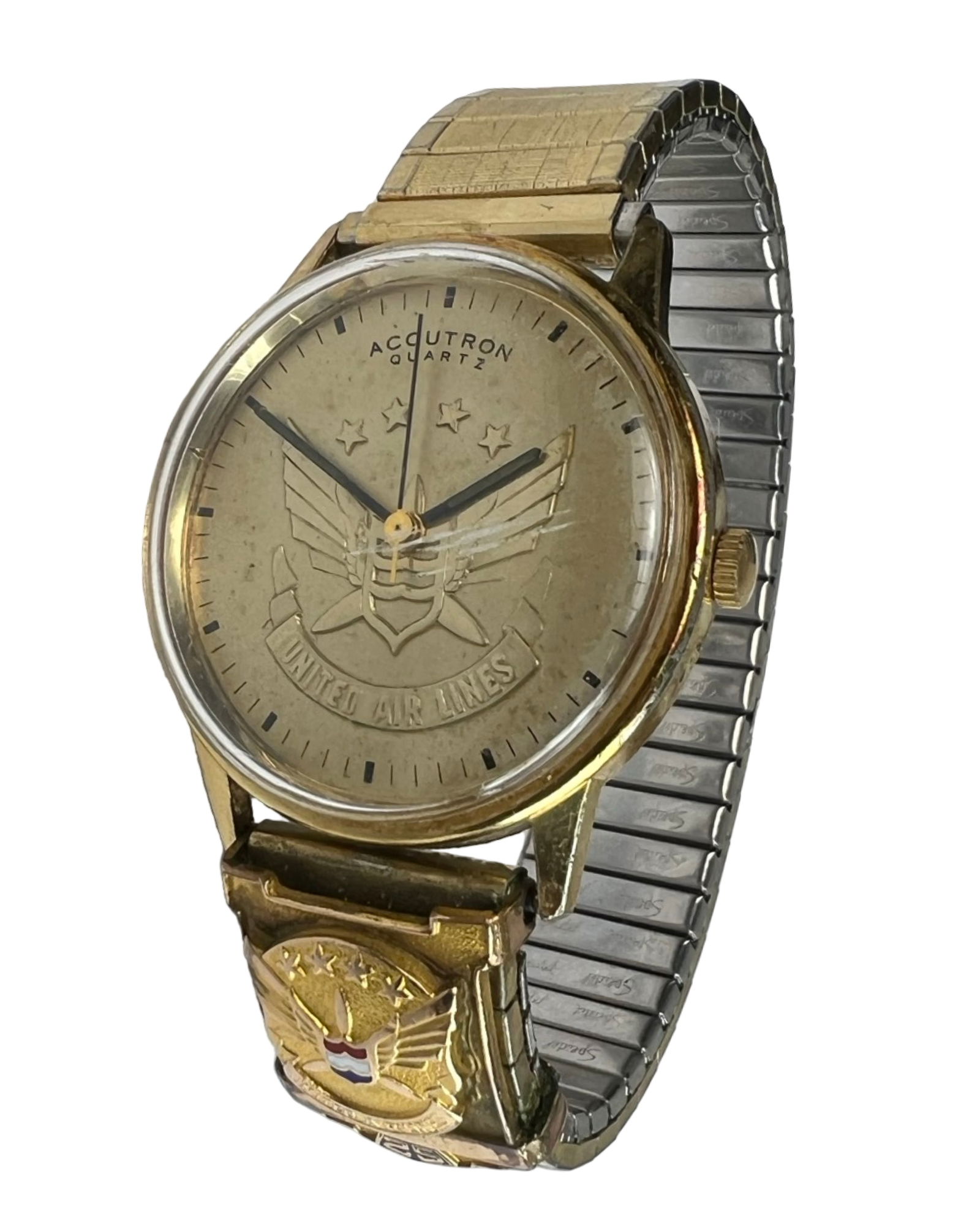 Bulova Accutron United Airlines 25th Anniv Watch: Bulova Accutron United Airlines 25th Anniversary Wrist Watch. Good overall condition, normal age related wear, untested w/o battery