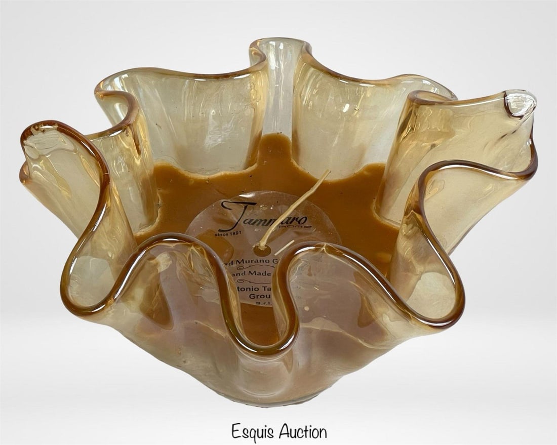 Murano Hand-Blown Scented Art Glass Candle Bowl: A sculptural hand-blown Murano glass candle centerpiece by the Antonio Tammaro Group, featuring a rich amber hue and flowing ruffled rim. This elegant piece functions as both a decorative bowl and a s