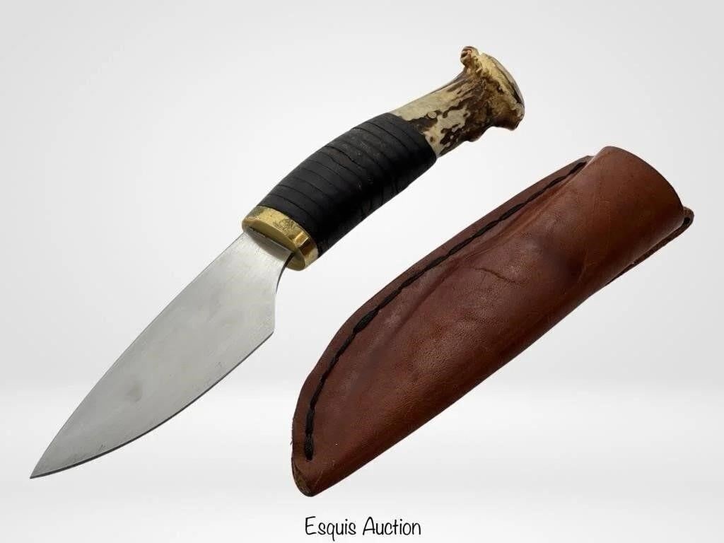 Ernie Lyle Artist Made Hunter Knife w/ Crown Stagg: Experience the expert craftsmanship of Ernie Lyle with this exceptional artist-made hunter knife. Measuring 9 1/2 inches in total length with a 4 3/4-inch stainless steel blade, it seamlessly combines