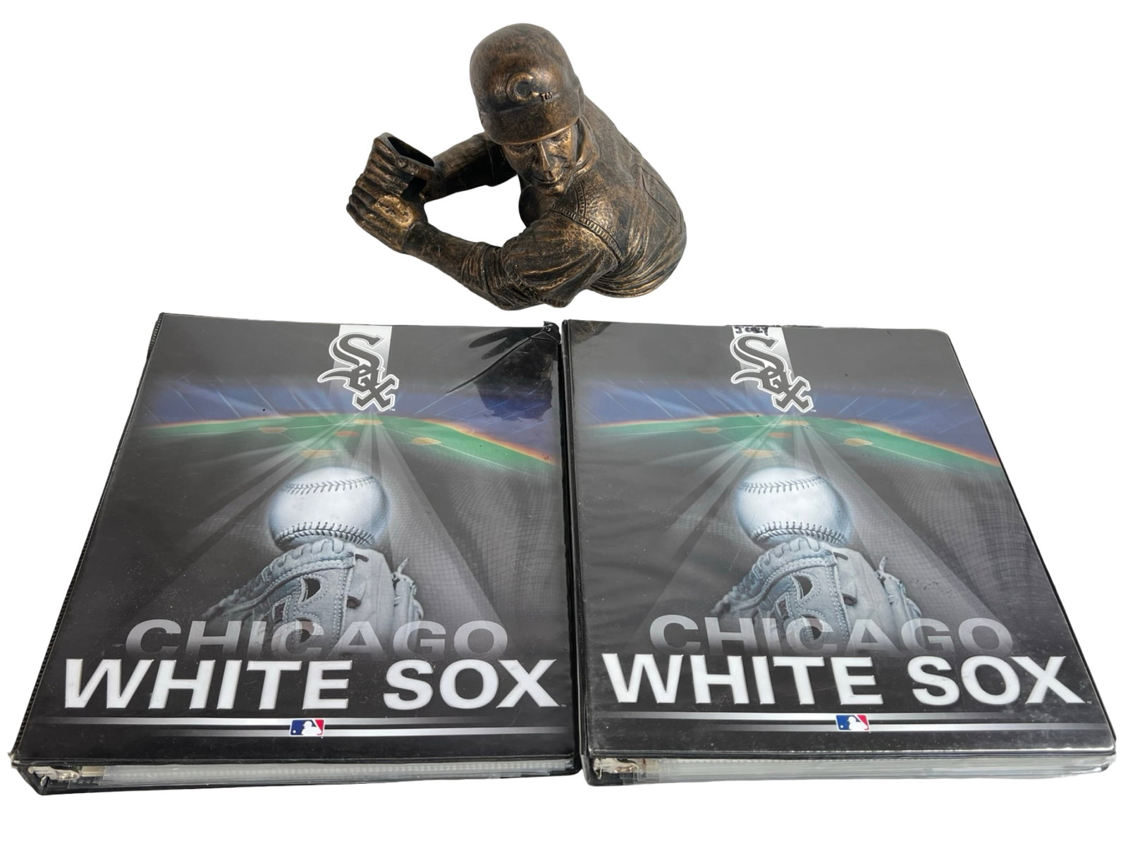 Chicago Sports Lot: 2 Binders of Trading Cards & W: Extensive sports memorabilia bundle featuring two large binders filled with assorted trading cards spanning football and baseball teams, including many Chicago Bears and White Sox players. The collect