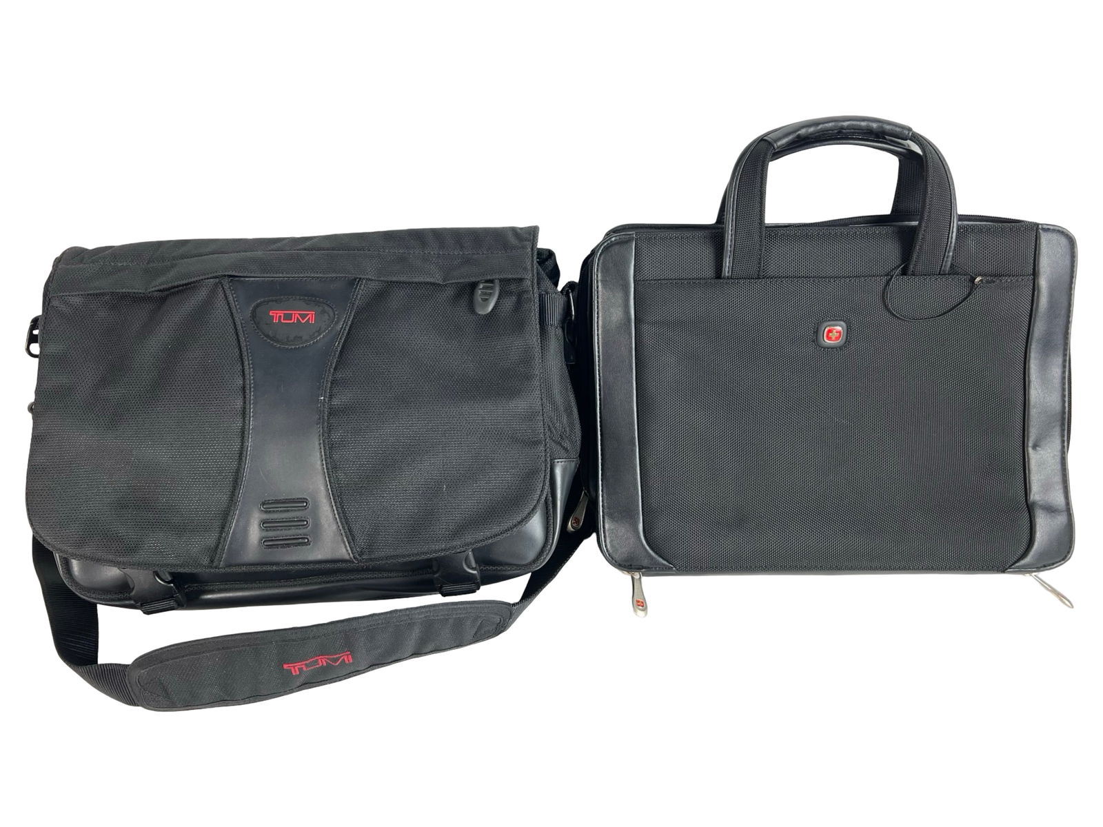 Tumi & Wenger Black Business Bag Duo: This lot includes two high-quality black business bags: a Tumi messenger-style laptop shoulder bag and a Wenger structured zippered portfolio case with handles. Both bags measure approximately 16x14 t