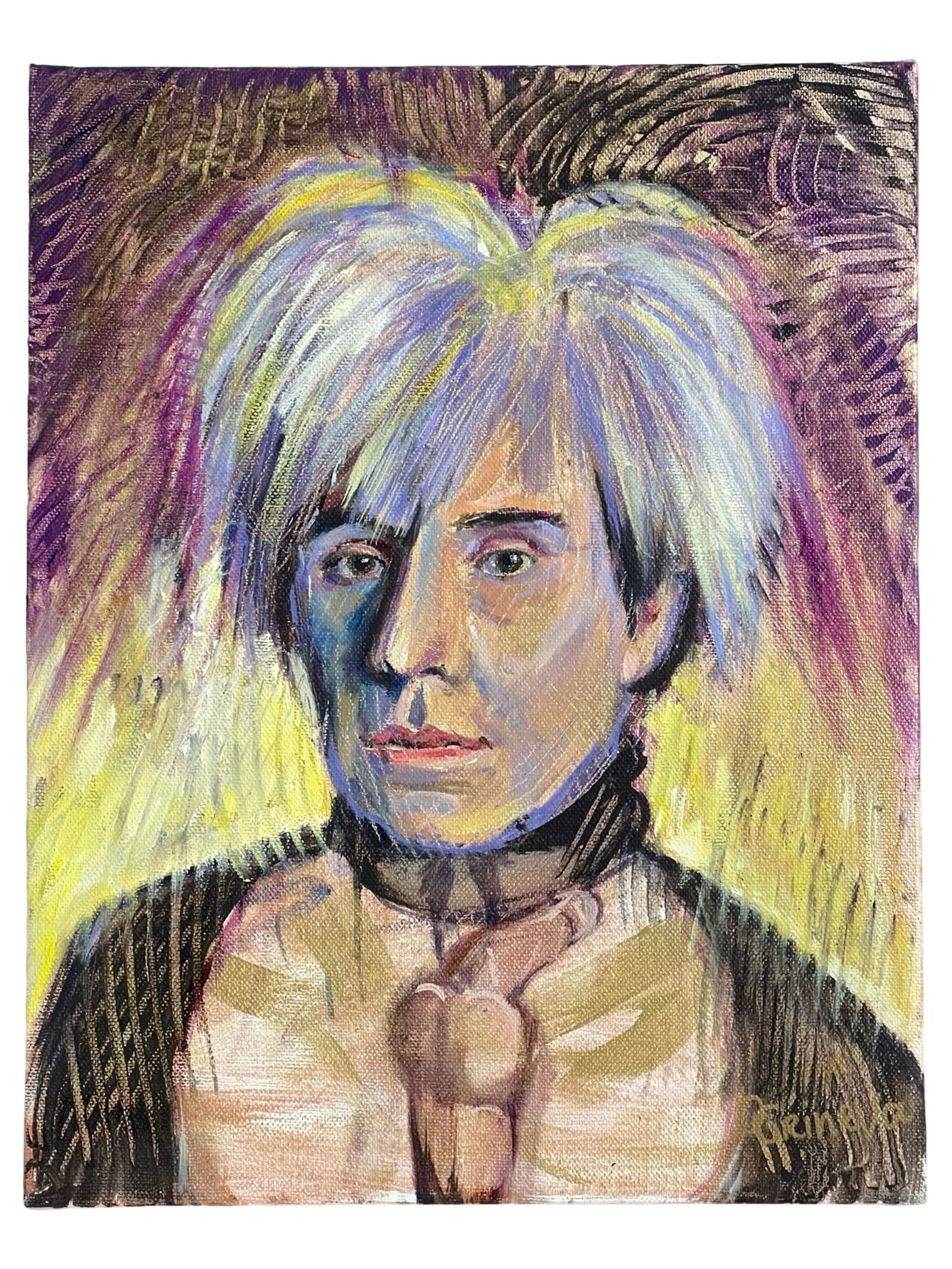 Andy Warhol Provocative Portrait by Oksana Grineva: Vivid and expressive modernist oil portrait of Andy Warhol by Oksana Grineva. Bold use of color and stylized brushwork capture the iconic figure in a striking, unconventional manner. Signed by the art