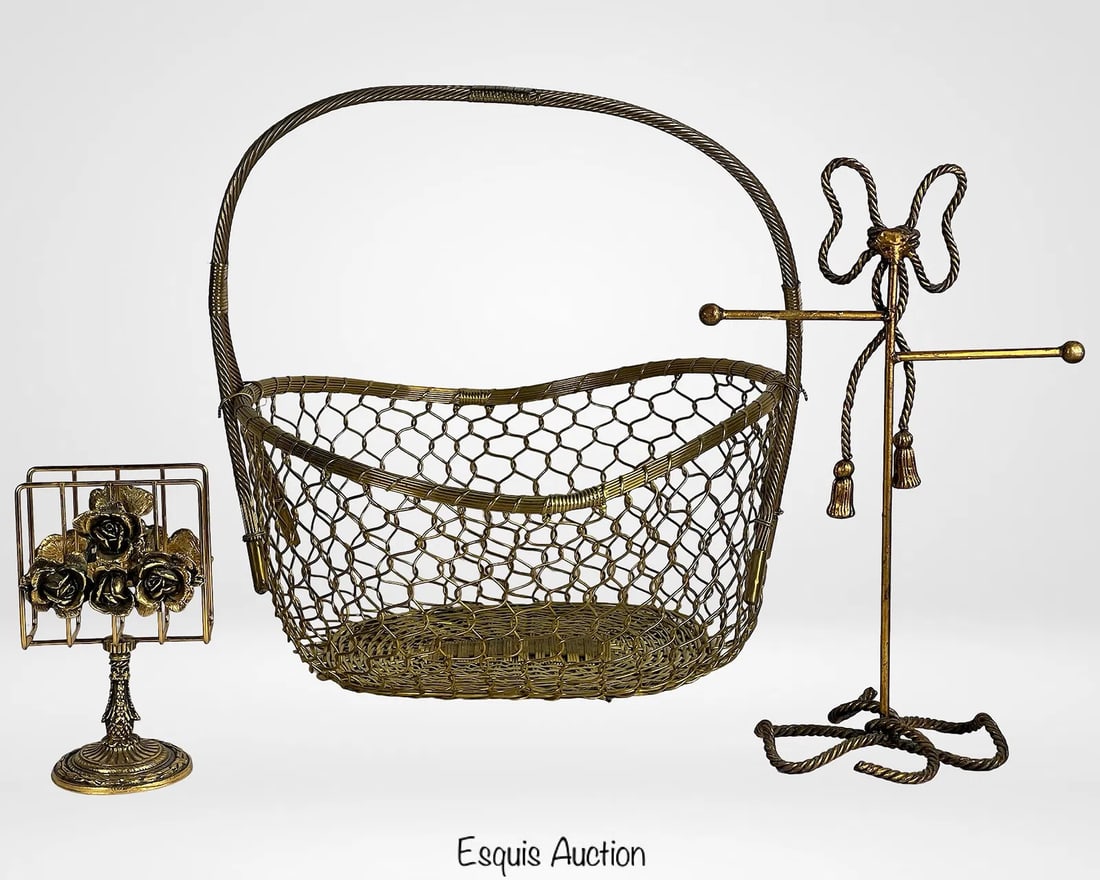 Hollywood Regency Brass Decor- Large Basket, Napk (1 of 4)