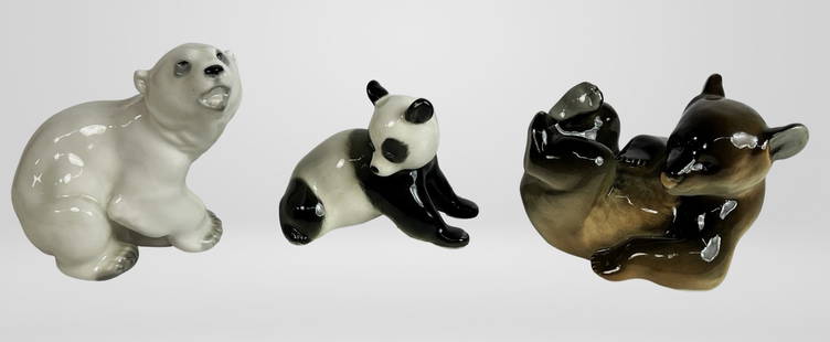 USSR LFZ Lomonosov Porcelain Bear Figurines: Charming trio of porcelain bear figurines produced by the renowned LFZ Lomonosov Porcelain Factory in the USSR. This vintage set includes a polar bear, a panda, and a brown bear cub, each crafted with