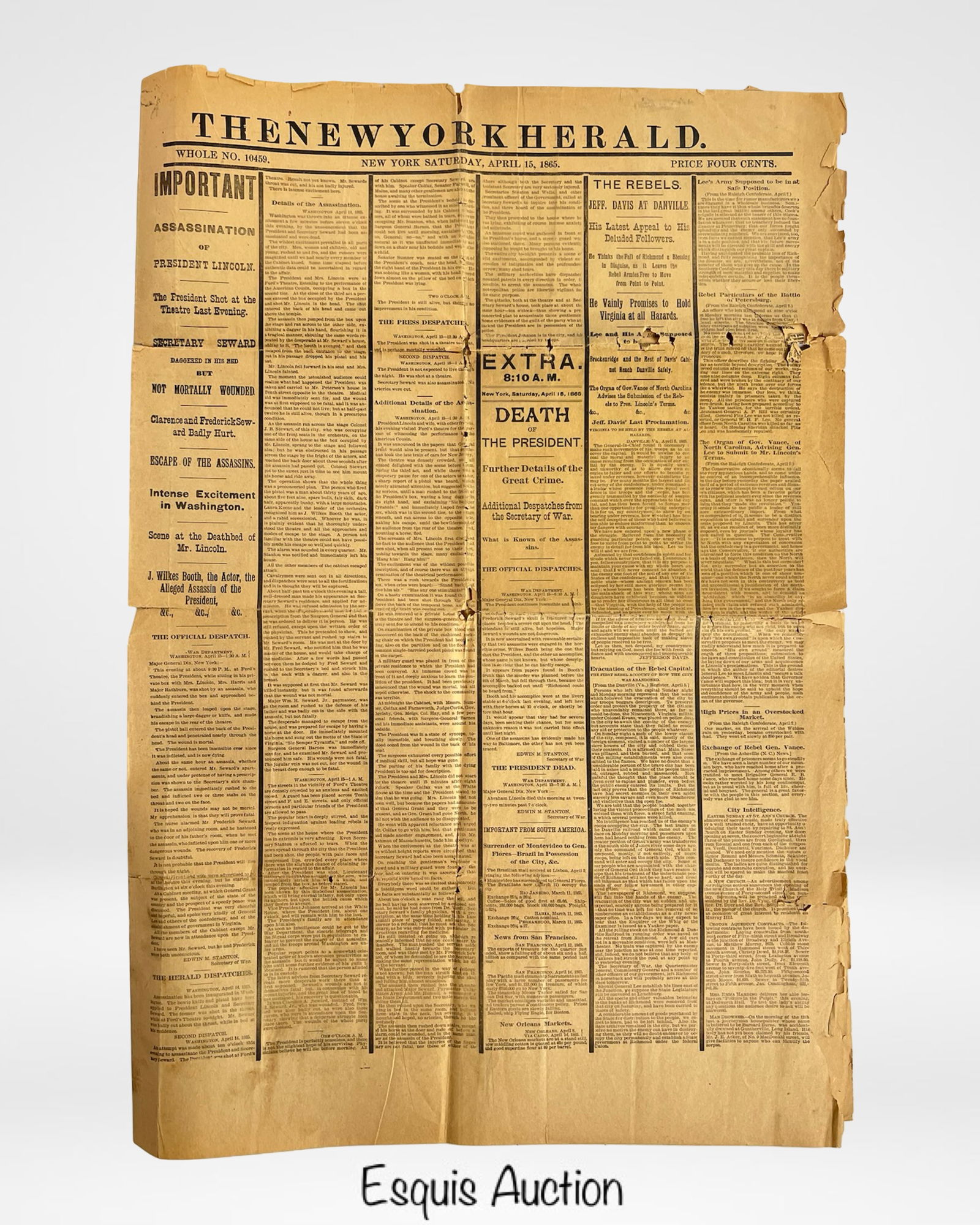 April 15 1865 Death of President Lincoln Newspaper (1 of 4)