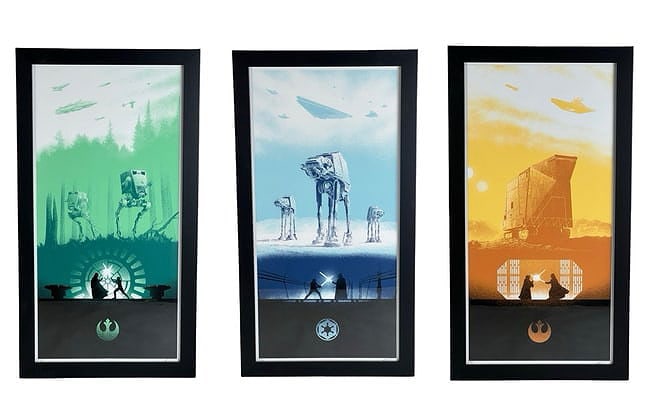 Marko Manev Star Wars Original Trilogy Triptych: Striking limited edition triptych by artist Marko Manev featuring iconic scenes from the original Star Wars trilogy. Each panel highlights a pivotal lightsaber duel-set against stylized environments o