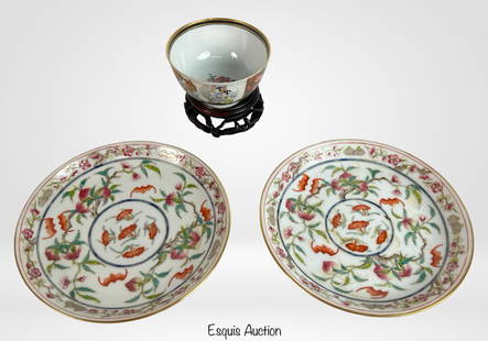 Chinese Qing Dynasty Famille Rose Bowl & Plates: This fine porcelain trio includes a famille rose bowl and two matching saucer plates, all delicately hand-painted in traditional Qing Dynasty style. The bowl features a continuous figural court scene