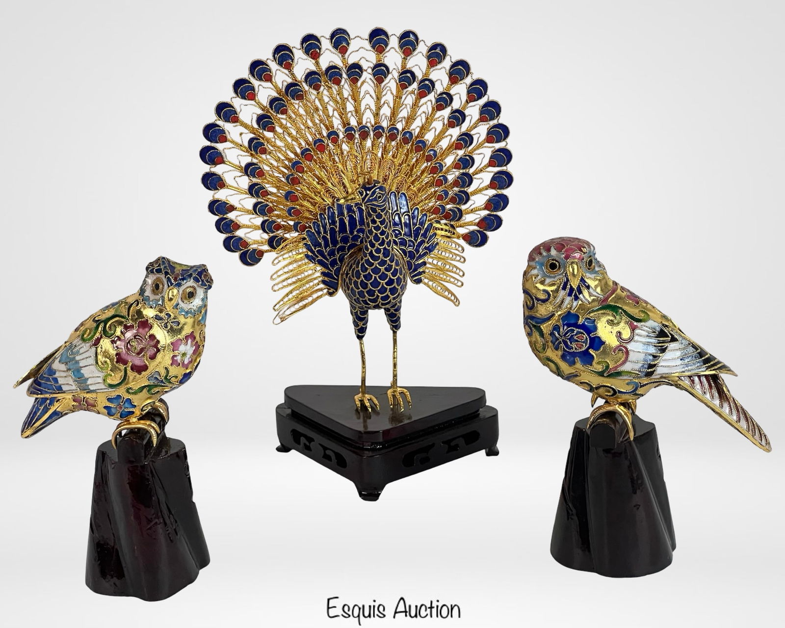 Chinese Cloisonne Gilt Peacock & Owl Figures (1 of 5)
