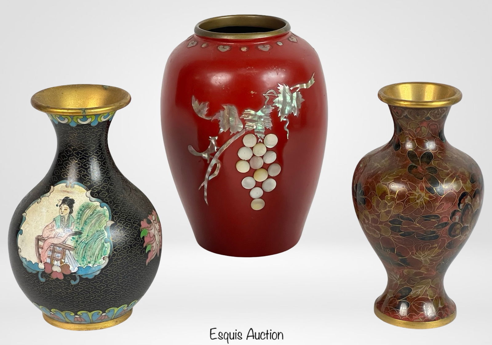 Group of Three Chinese Cloisonne & Lacquered Vases (1 of 10)