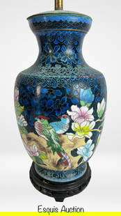 Antique Chinese Cloisonne Enamel Vase- Birds & Flo: Beautifully detailed antique Chinese cloisonnÃ© enamel vase, richly decorated with vibrant birds, butterflies, and blossoming floral motifs against a deep blue background. Crafted with intricate ena