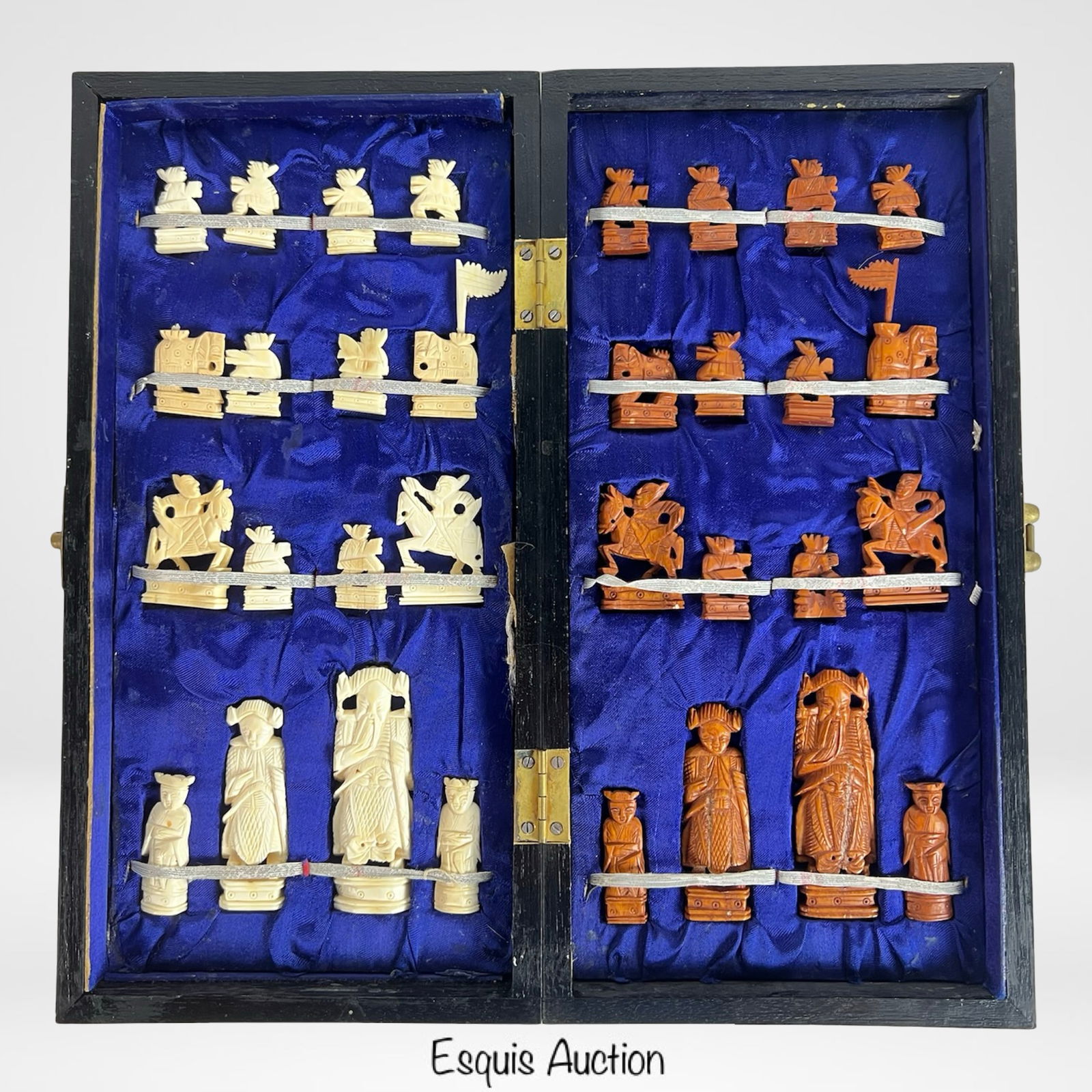 Hand-Carved Chinese Artisan Chess Set: Beautifully hand-carved Chinese chess set featuring 32 intricately detailed figures in contrasting ox bone and cinnabar-stained hues. Each piece is sculpted with traditional Chinese attire and motifs,