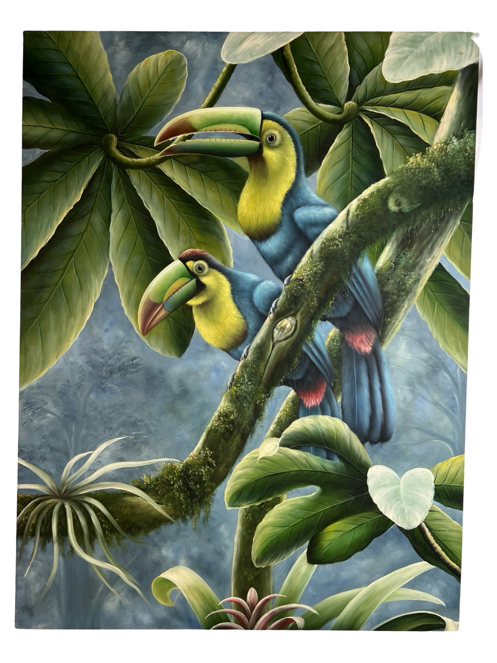 Keel-Billed Toucans Colorful Tropical Oil Painting: Vibrant and detailed oil painting on canvas featuring a pair of keel-billed toucans perched on moss-covered branches amidst a lush tropical rainforest. The composition showcases rich greens, deep blue