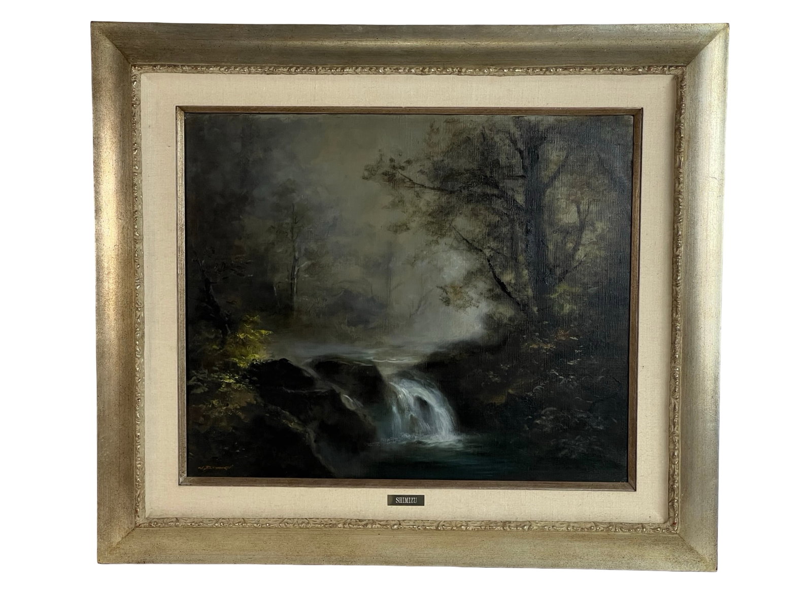 Mitsuzo Shimizu Atmospheric Landscape Oil Painting: Moody and romantic oil on canvas landscape by Japanese artist Mitsuzo Shimizu. This evocative scene captures a misty forest illuminated by soft, natural light and anchored by a cascading waterfall at 