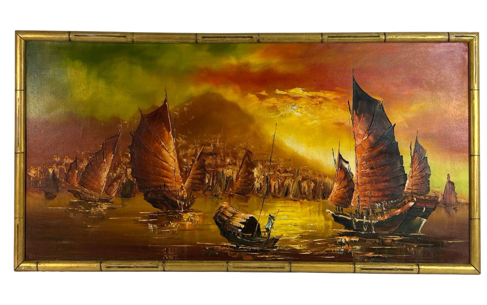 Chinese Junks at Marina - Seascape Oil Painting: A captivating oil painting on canvas depicting a serene harbor scene bathed in the warm glow of sunset. The composition features a fleet of traditional Chinese junks with billowing crimson sails glidi