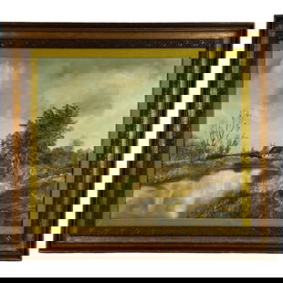 Mourier -  Countryside Landscape Oil Painting: Original oil on canvas by Mourier, signed lower right. The composition features a peaceful rural scene with gentle trees, grassy banks, and a still pond reflecting the cloudy sky, anchored by a cottag