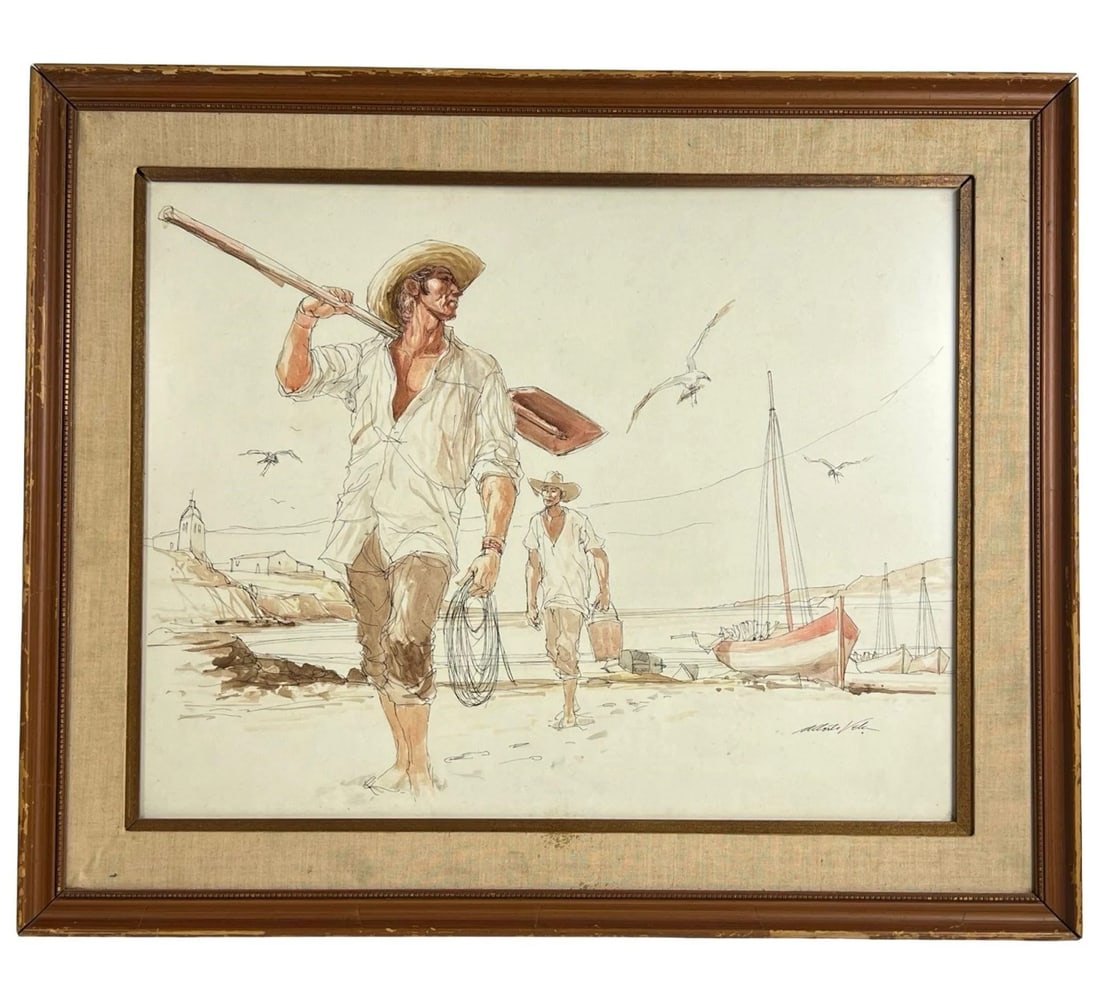 Vintage Fishermen Wtaercolor & Ink Painting (1 of 3)