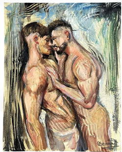 Sensual Passionate Contemporary Oil Painting: An evocative and emotionally charged original oil painting by contemporary artist Oksana Grineva, signed lower right. The composition captures an intimate moment between two male figures rendered in e