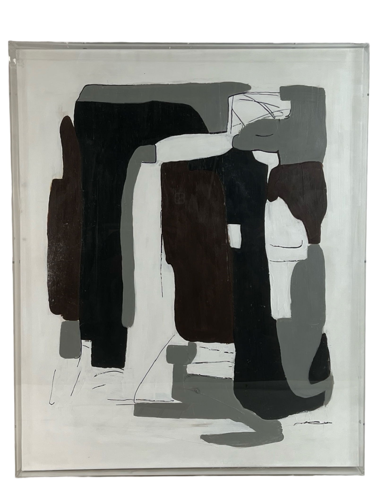 Eveline Brodsky- Abstract Acrylic Painting: Striking modern abstract composition by Eveline Brodsky, titled Linen Scarlet Black II. Executed in acrylic on canvas, the painting features an interplay of bold geometric forms in black, gray, and mu