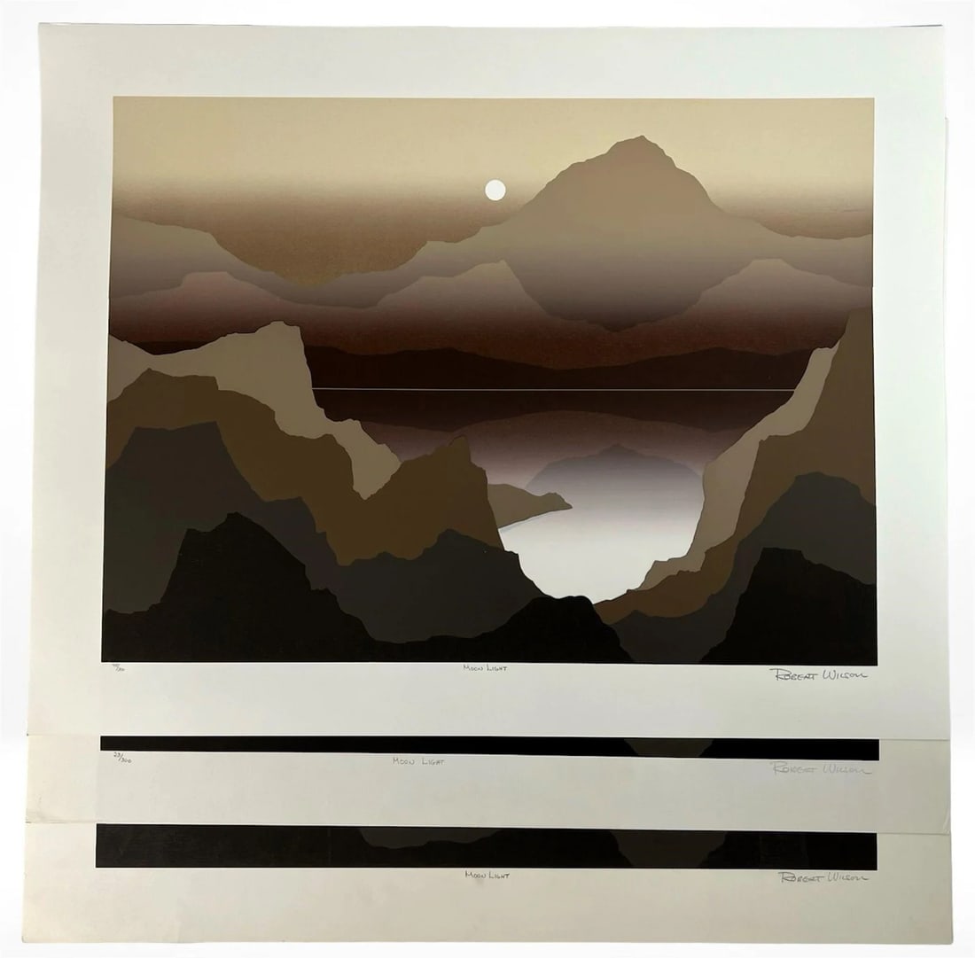 Robert Wilson "Moon Light" - Set of 3 Lithographs: A striking set of three hand-signed and numbered lithographs titled Moon Light by Robert Wilson. Each piece is part of a limited edition of 300, executed in a sophisticated minimalist style characteri