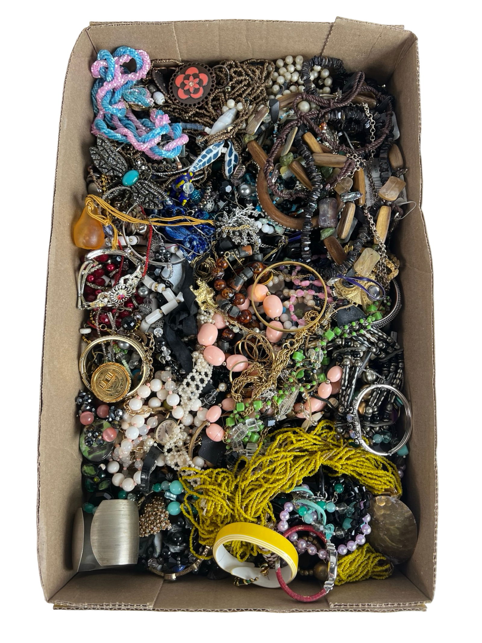 Large Lot of Unsearched Costume and Craft Jewelry: Massive mixed lot of unsearched costume and craft jewelry offered as found. Includes a wide assortment of necklaces, bracelets, earrings, pendants, beads, bangles, and more in a tangle of styles, colo