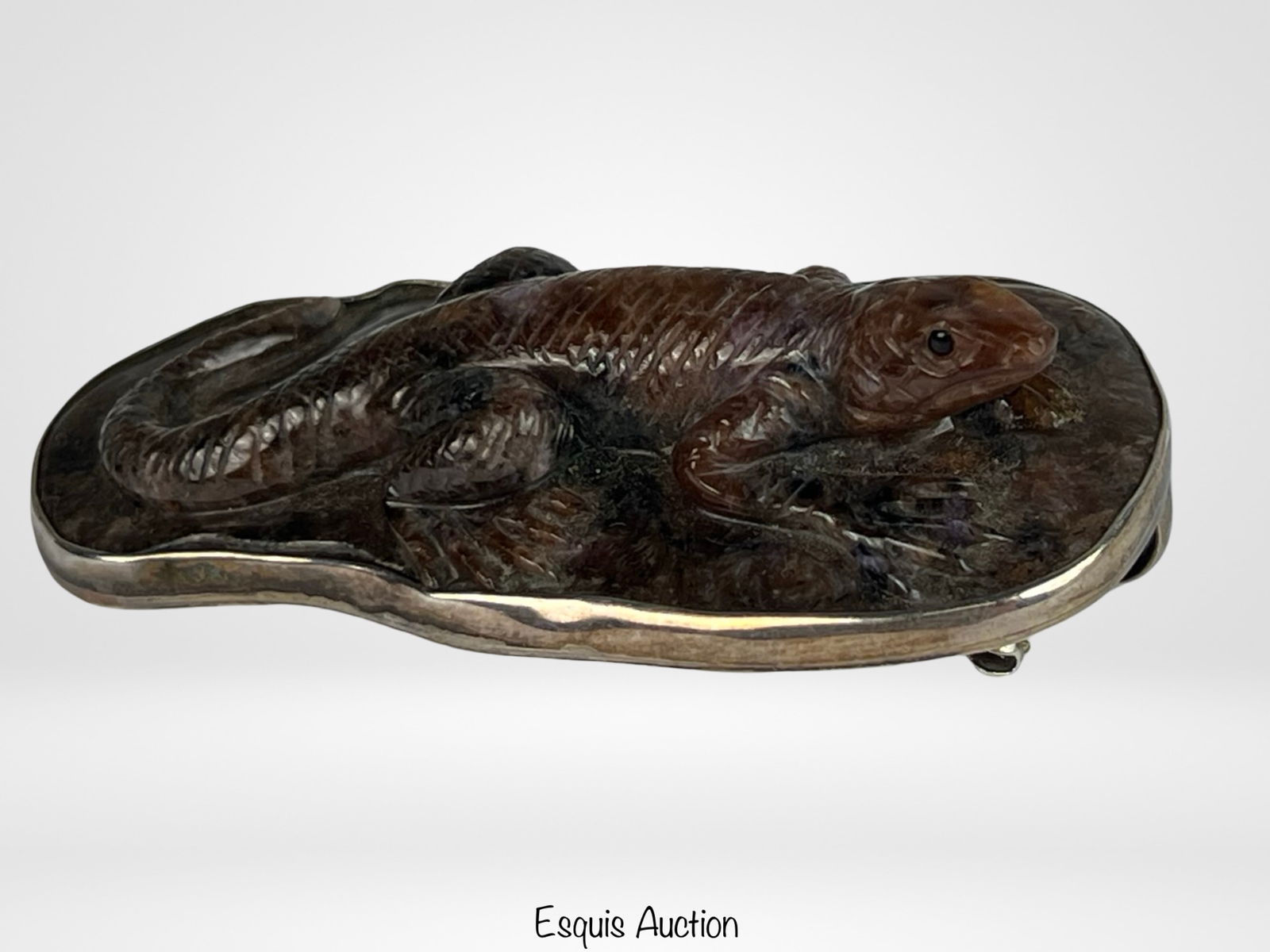 Massive Sterling Silver Carved Stone Lizard Brooch (1 of 5)