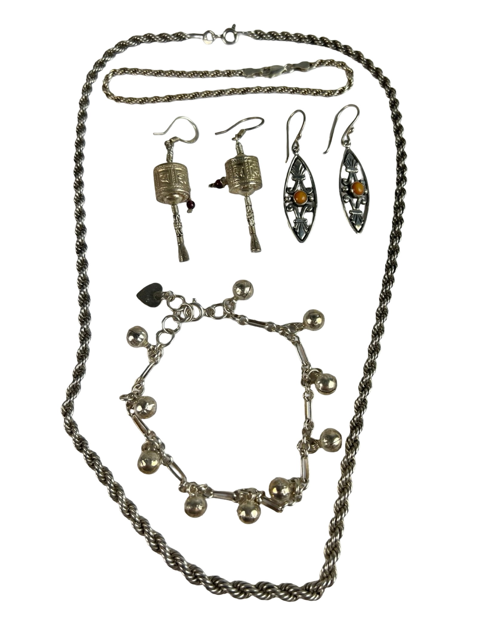 Sterling Silver Jewelry-Earrings, Necklace, Bracel: Group of Sterling Silver Jewelry-Earrings, Necklace, Bracelets. Necklace is 18" long, Bracelets are 7" and 7 1/2" long. Good Condition.