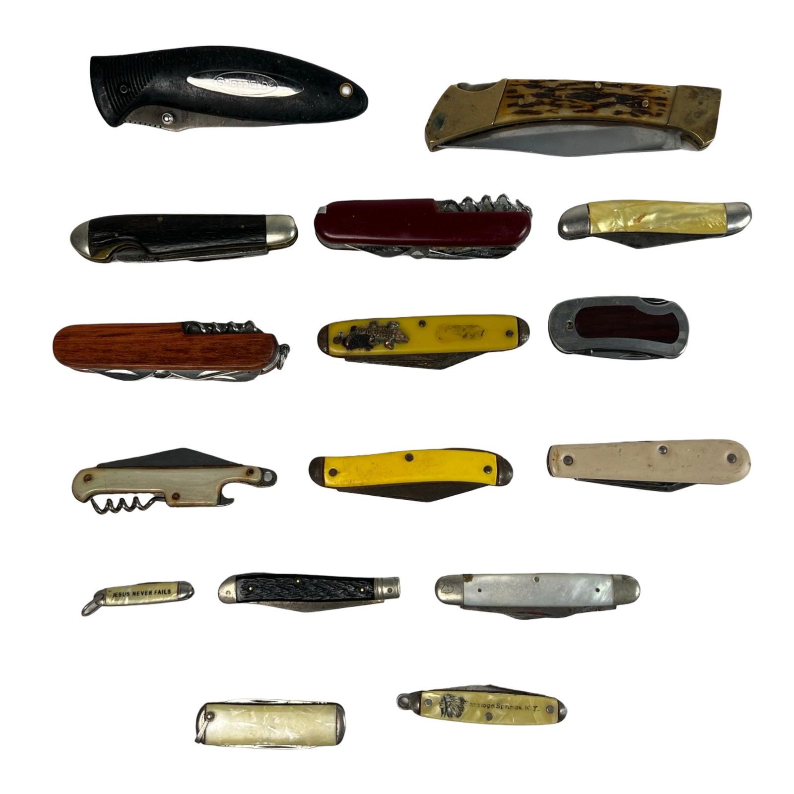 Assortment of Vintage and Modern Pocket Knives: Extensive mixed lot of 18 vintage and modern folding pocket knives, featuring a variety of styles, handle materials, and functions.