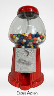 Vintage Classic Red Vending Gumball Machine: Classic vintage gumball machine featuring a bold red cast-metal base and clear globe filled with colorful gumballs. Standing 15 inches tall. Works, no key.