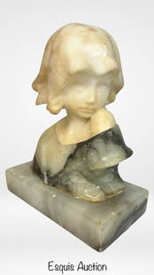 Art Deco Alabaster Bust of a Girl from 1920s: Charming and delicately carved, this Art Deco-era alabaster bust depicts a young girl with soft, contemplative features. The figure wears a bobbed hairstyle typical of the 1920s and a loosely draped g