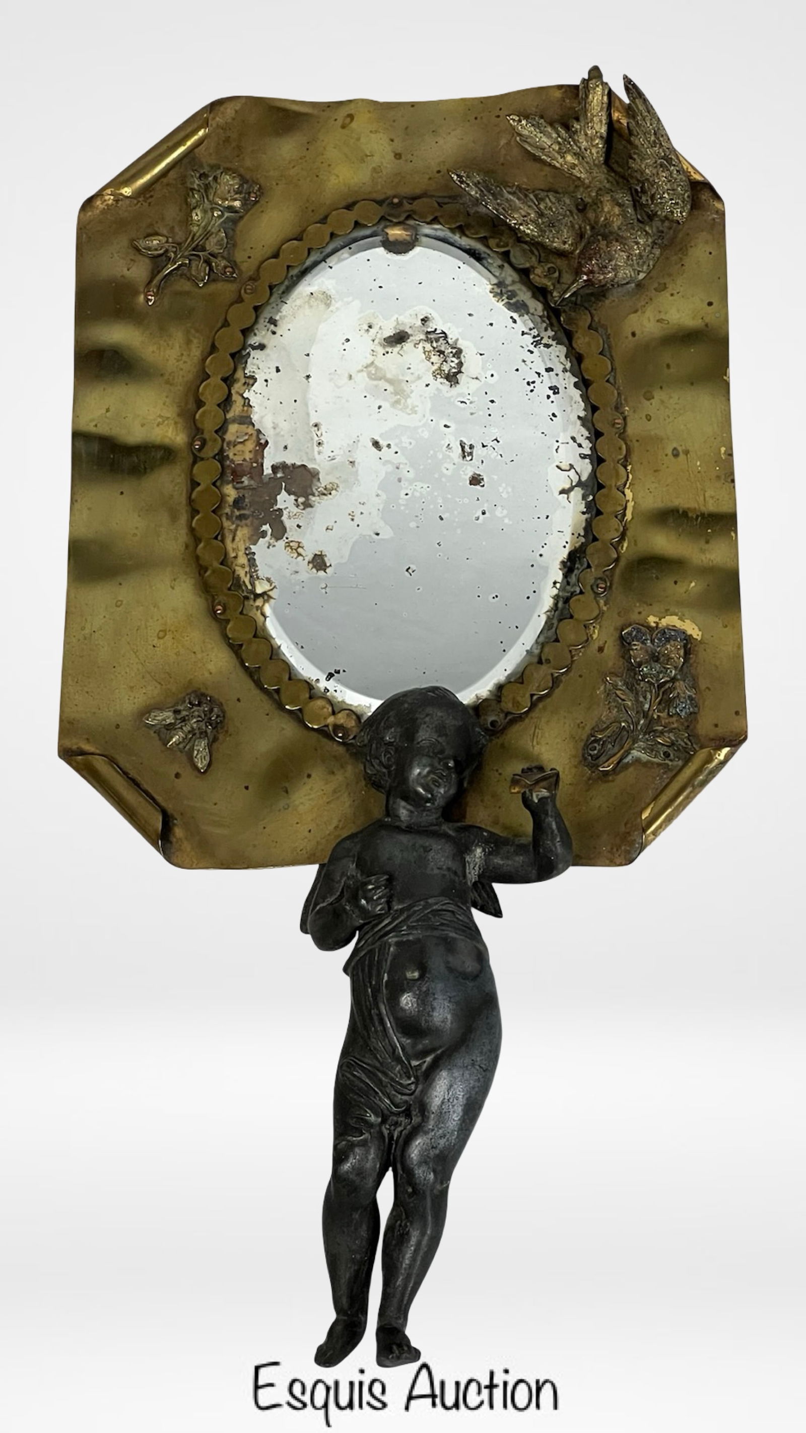 Antique Victorian Brass Wall Mirror with Cherub (1 of 7)