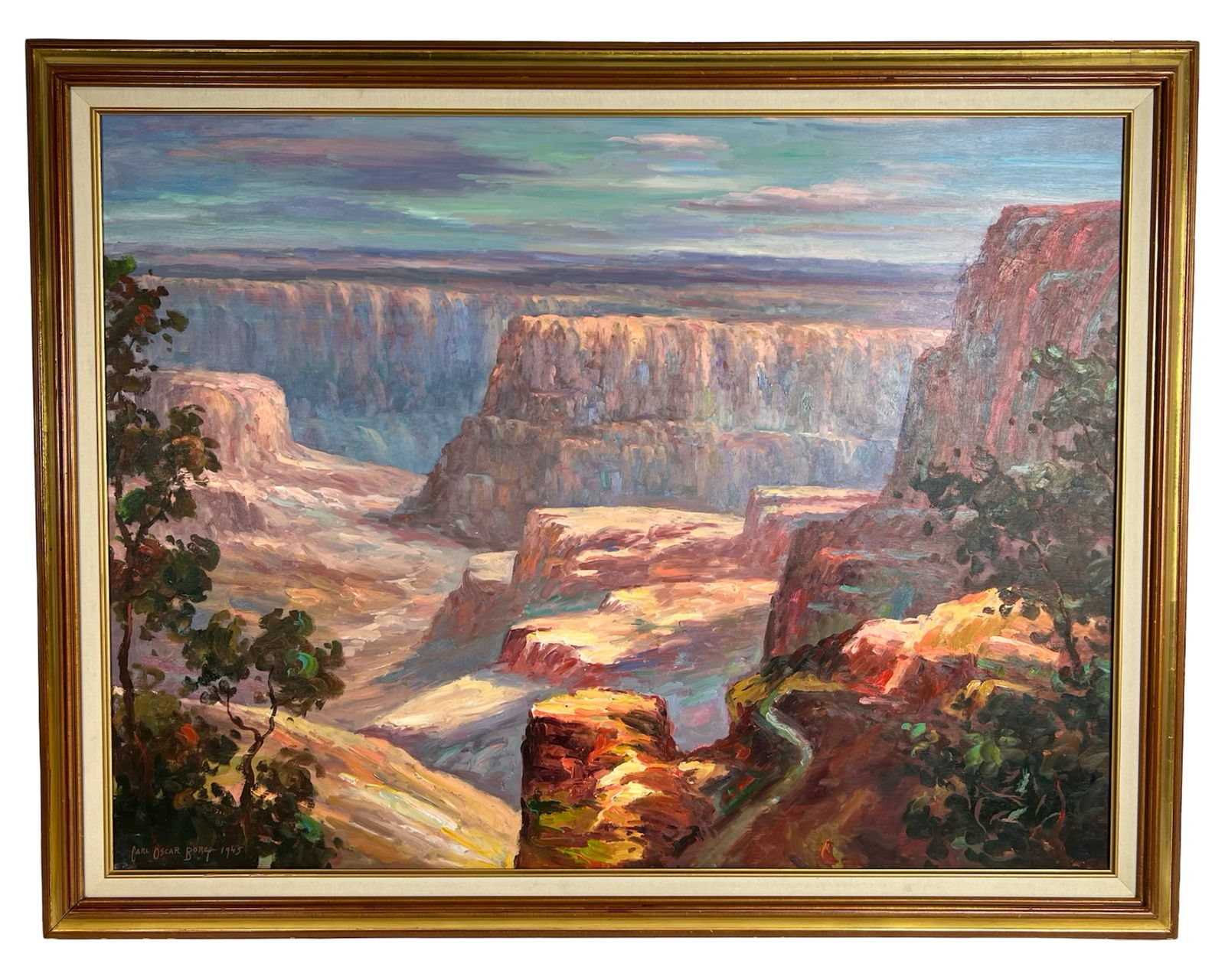 Carl Oscar Borg (In Manner) - Landscape Painting: Striking oil on canvas depicting a vibrant, light-drenched view of the Grand Canyon, painted in a richly textured, impressionistic style. The canyon's majestic cliffs are rendered in luminous tones of