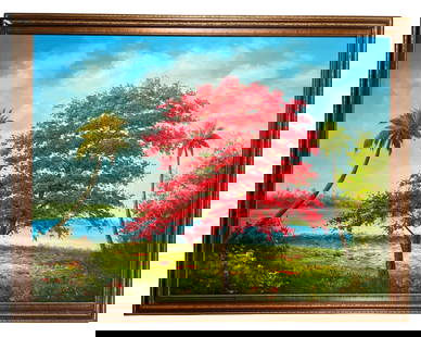 A.E. Backus- Highwayman (in manner) Oil Painting: Vibrant Florida landscape oil painting signed "A.E. Backus" lower left, rendered in the style of the renowned Florida Highwaymen. This large-scale piece depicts a brilliant red flamboyant tree flanked
