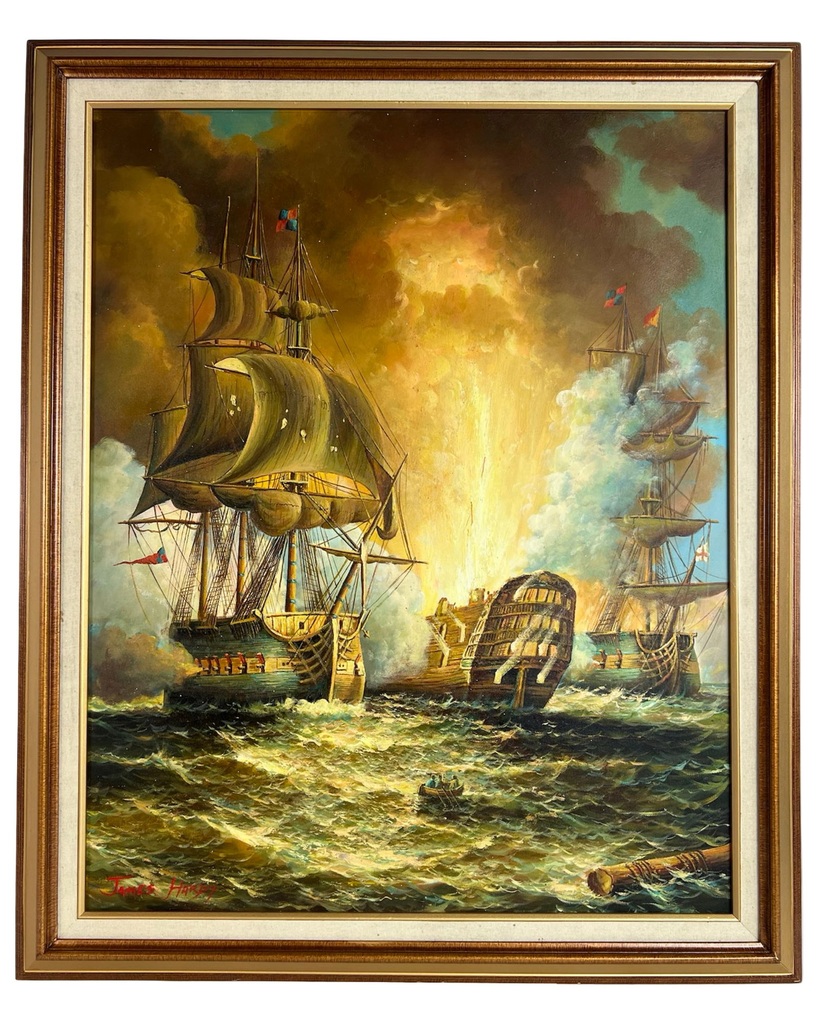 James Hardy III (Manner Of) Maritime Sea Battle: Dramatic maritime oil painting depicting a naval battle at sea, rendered in the manner of James Hardy III. Three tall ships, sails full and cannons firing, clash amidst turbulent waters and billowing